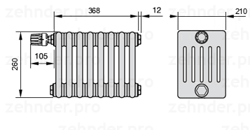 Схема (чертеж) Радиатор Zehnder Charleston 6026/8 №V011 Белый глянцевый RAL 9016